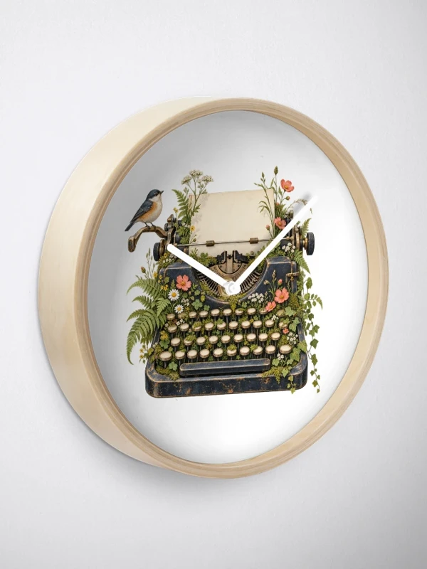 Machine à écrire envahie de fleurs sauvages sur Horloge · Bambou naturel