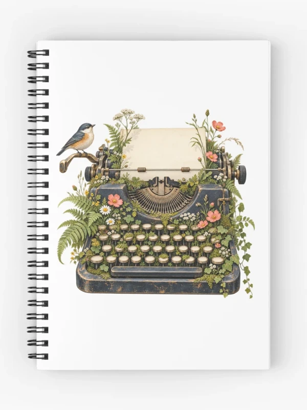 Machine à écrire envahie de fleurs sauvages sur Cahier à spirale