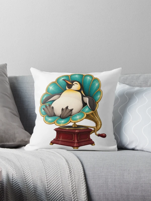 Manchot détendu dans un gramophone ancien sur Coussin