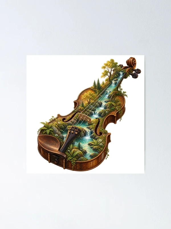 Une rivière traverse un violon ancien sur Poster