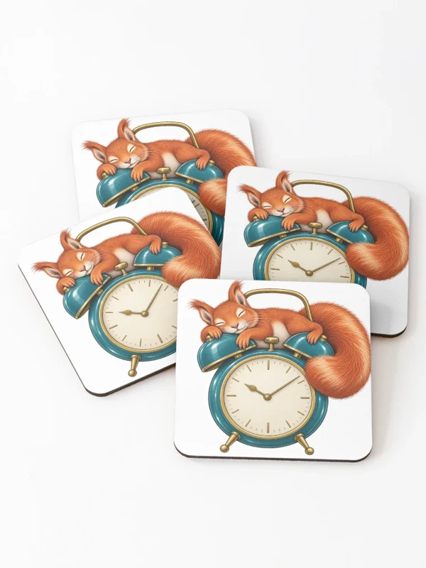 Écureuil endormi sur un réveil ancien sur Dessous de verre (lot de 4)