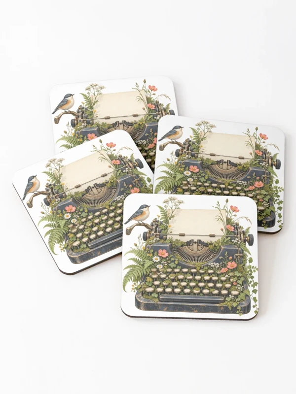 Machine à écrire envahie de fleurs sauvages sur Dessous de verre (lot de 4)