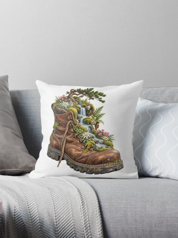Chaussure de randonnée devenue jardin alpin sur Coussin