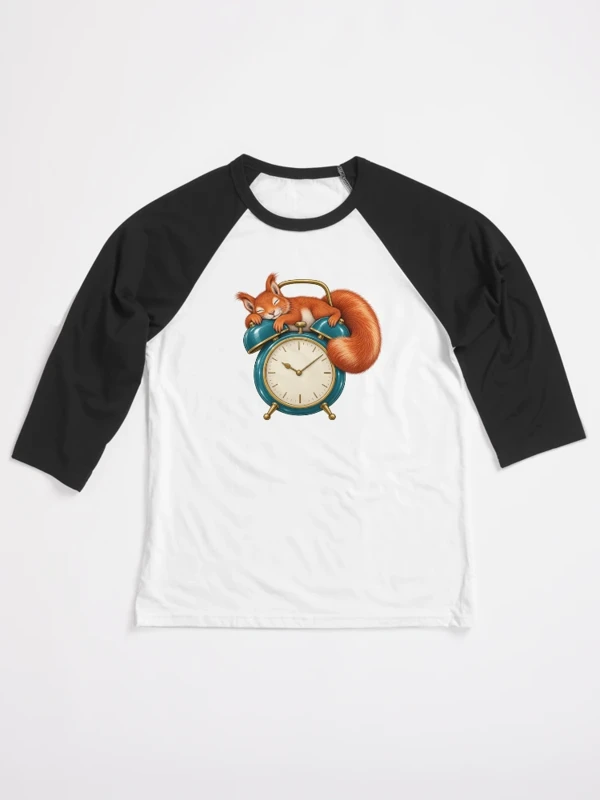 Écureuil endormi sur un réveil ancien sur T-shirt baseball manches ¾ · Blanc / Noir