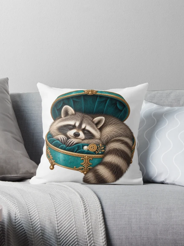 Raton laveur endormi dans un écrin précieux sur Coussin