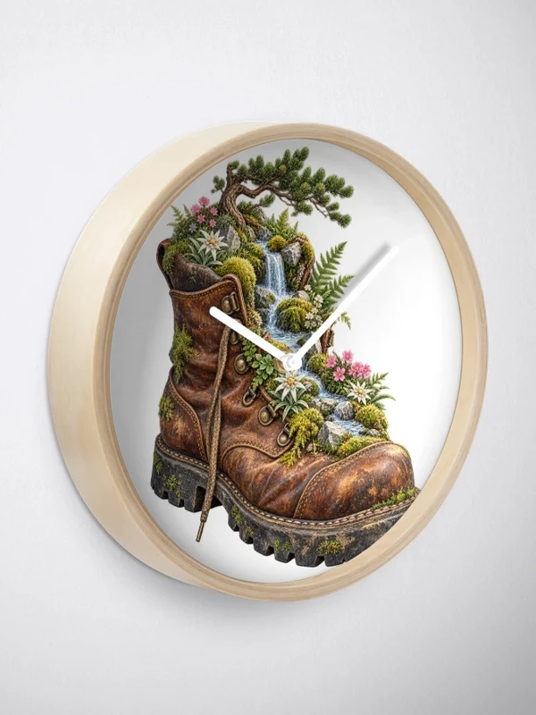 Chaussure de randonnée devenue jardin alpin sur Horloge · Bambou naturel