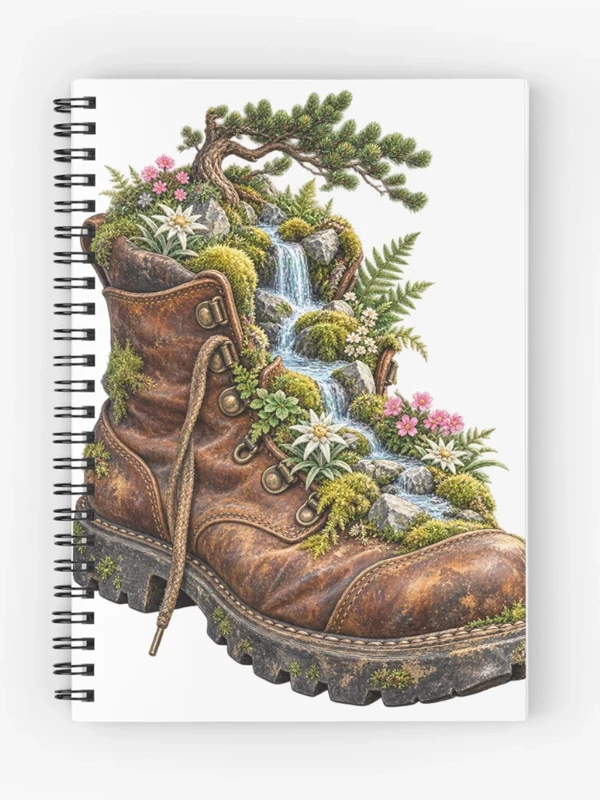 Chaussure de randonnée devenue jardin alpin sur Cahier à spirale