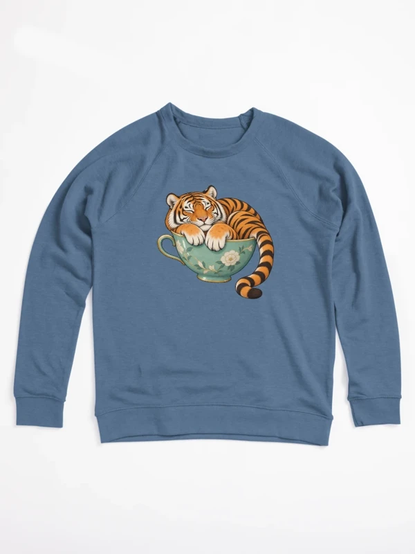 Tigre endormi dans une tasse fleurie sur Sweatshirt léger · Bleu roi chiné