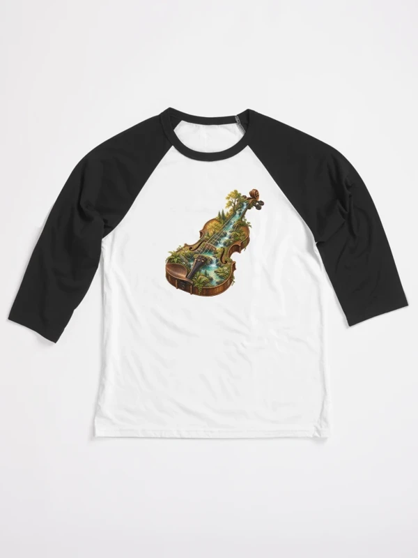 Une rivière traverse un violon ancien sur T-shirt baseball manches ¾ · Blanc / Noir