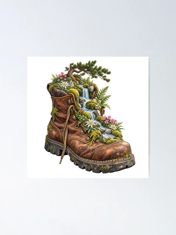 Chaussure de randonnée devenue jardin alpin sur Poster