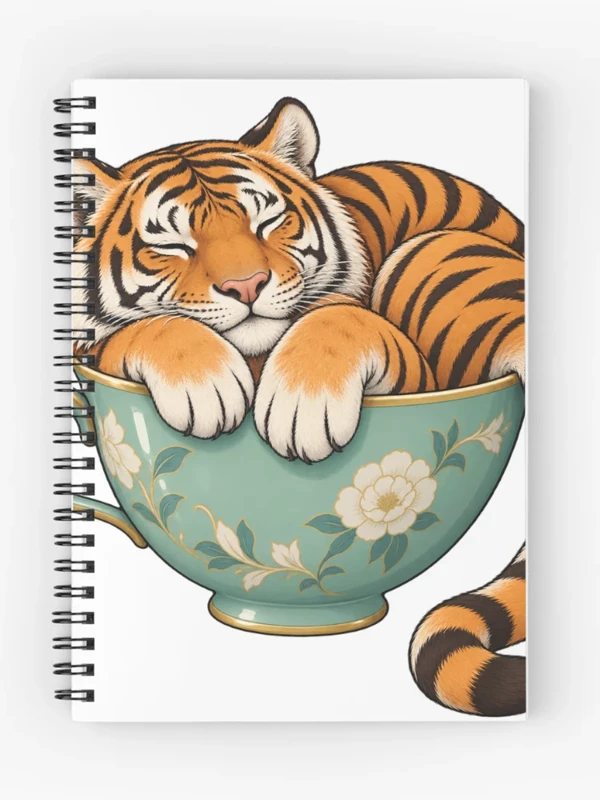 Tigre endormi dans une tasse fleurie sur Cahier à spirale