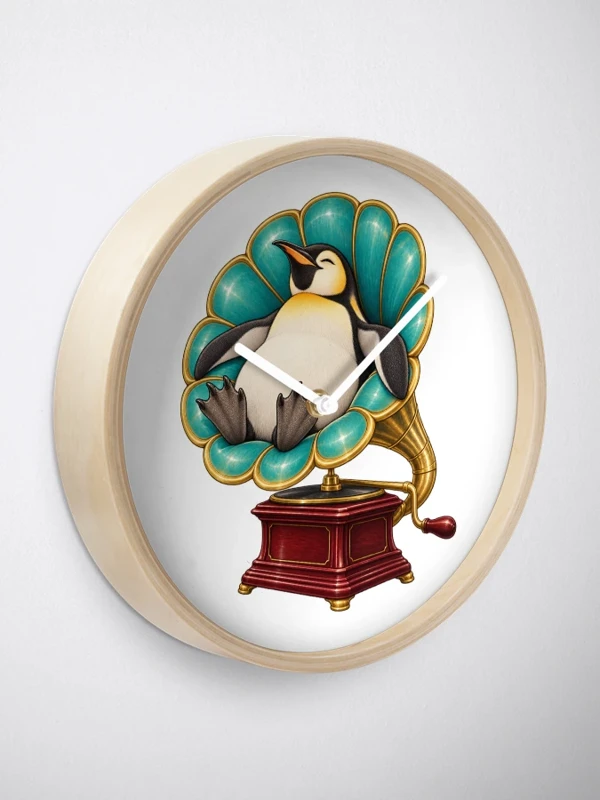 Manchot détendu dans un gramophone ancien sur Horloge · Bambou naturel