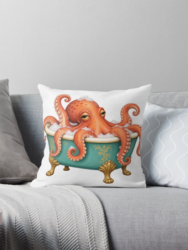 Pieuvre détendue dans une baignoire vintage sur Coussin