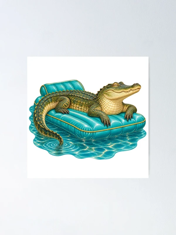 Crocodile en vacances sur son matelas gonflable sur Poster
