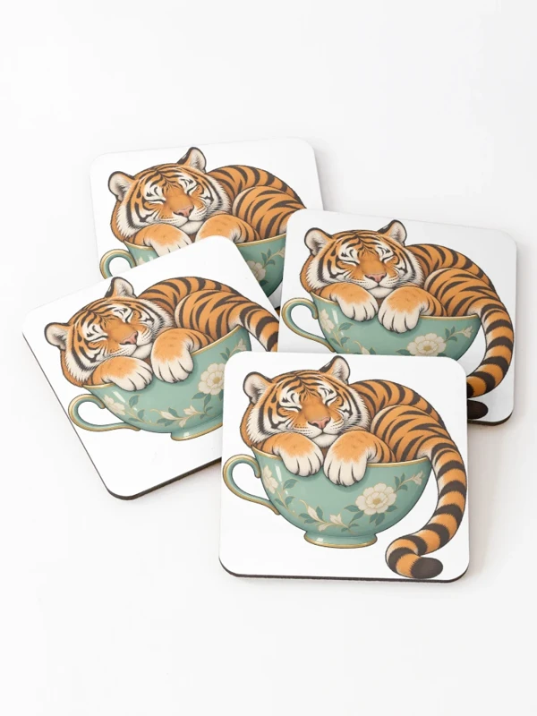 Tigre endormi dans une tasse fleurie sur Dessous de verre (lot de 4)