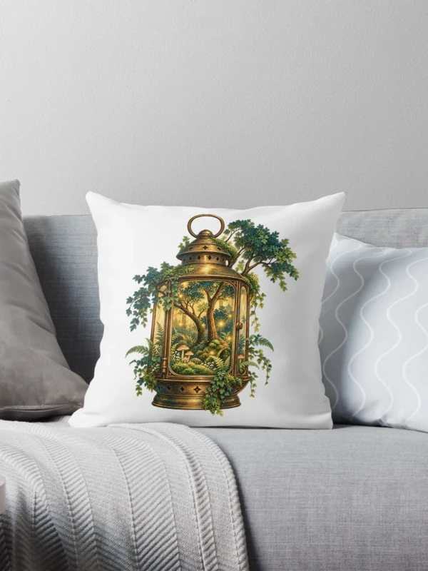 Une forêt lumineuse dans une lanterne ancienne sur Coussin