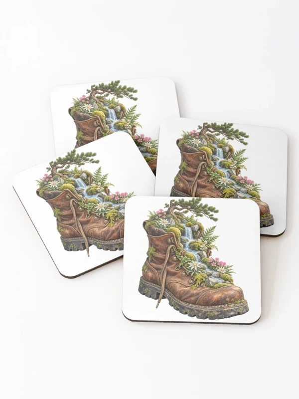Chaussure de randonnée devenue jardin alpin sur Dessous de verre (lot de 4)