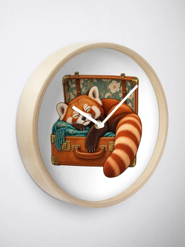 Panda roux endormi dans une valise sur Horloge · Bambou naturel