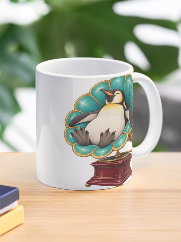 Manchot détendu dans un gramophone ancien sur Mug classique