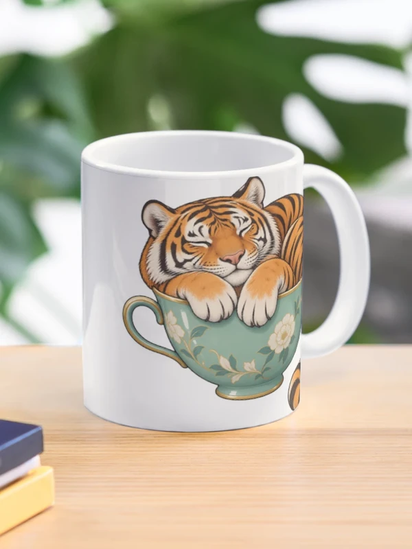 Tigre endormi dans une tasse fleurie sur Mug classique