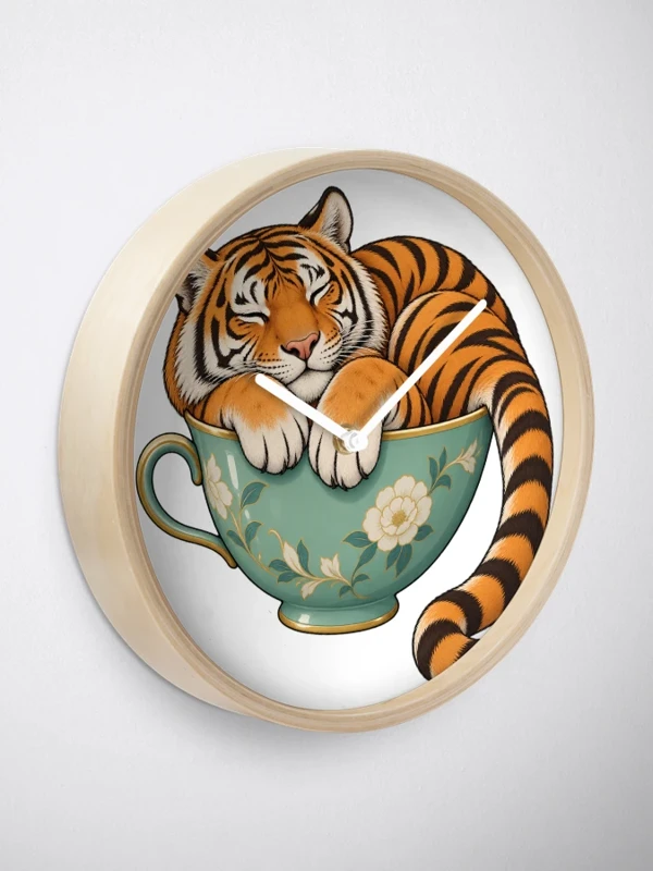 Tigre endormi dans une tasse fleurie sur Horloge · Bambou naturel