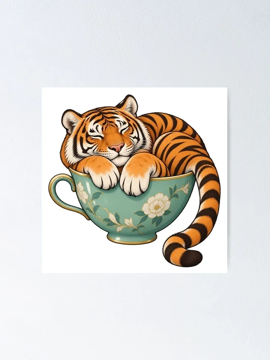 Tigre endormi dans une tasse fleurie sur Poster