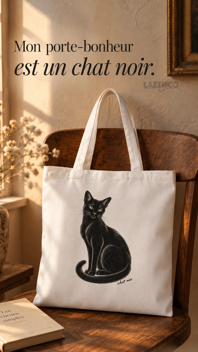 Sac blanc Chat noir au fusain posé sur une chaise dans la lumière dorée.