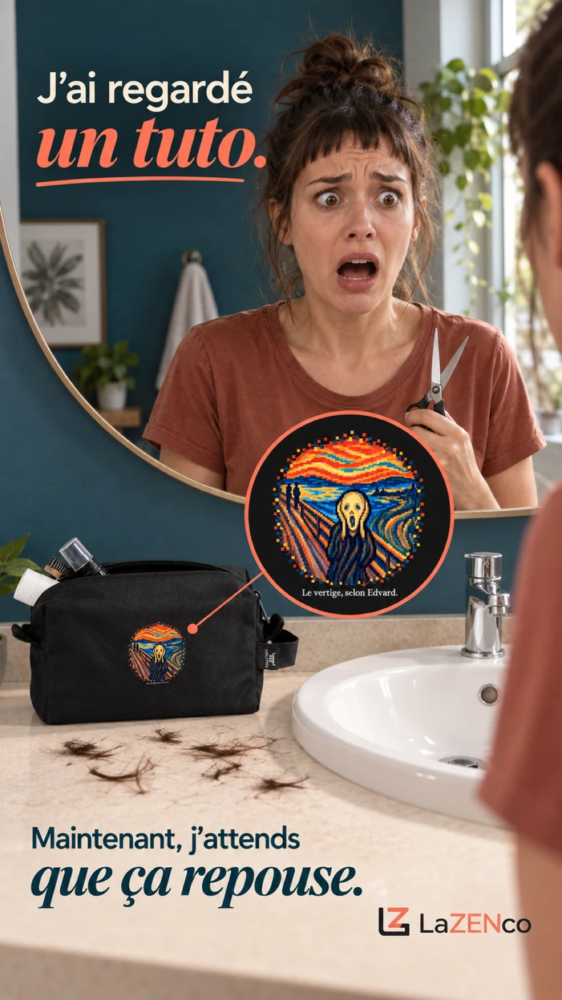 Une femme paniquée devant sa frange ratée et la trousse noire Le Cri en pixel art.