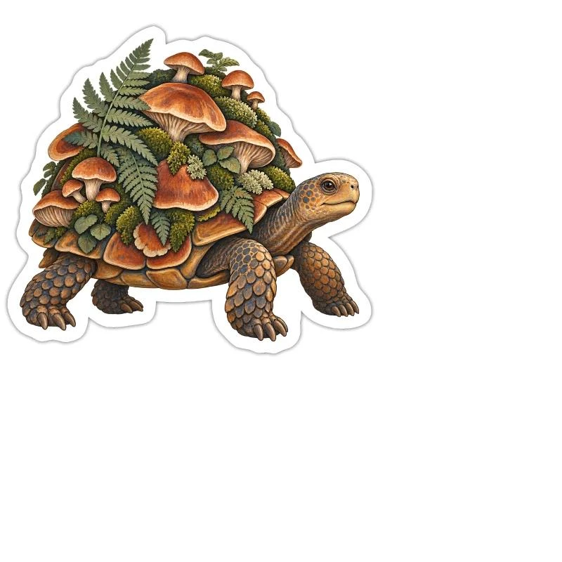 Tortue des sous-bois aux champignons sur Sticker — taille M · blanc mat