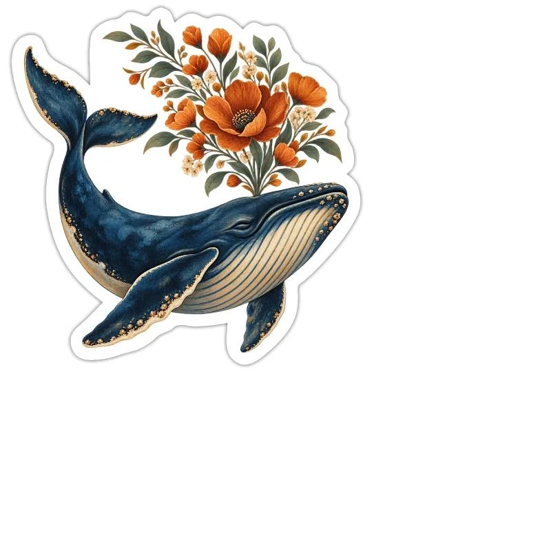 Baleine fleuriste au bouquet orangé sur Sticker — taille M · blanc mat
