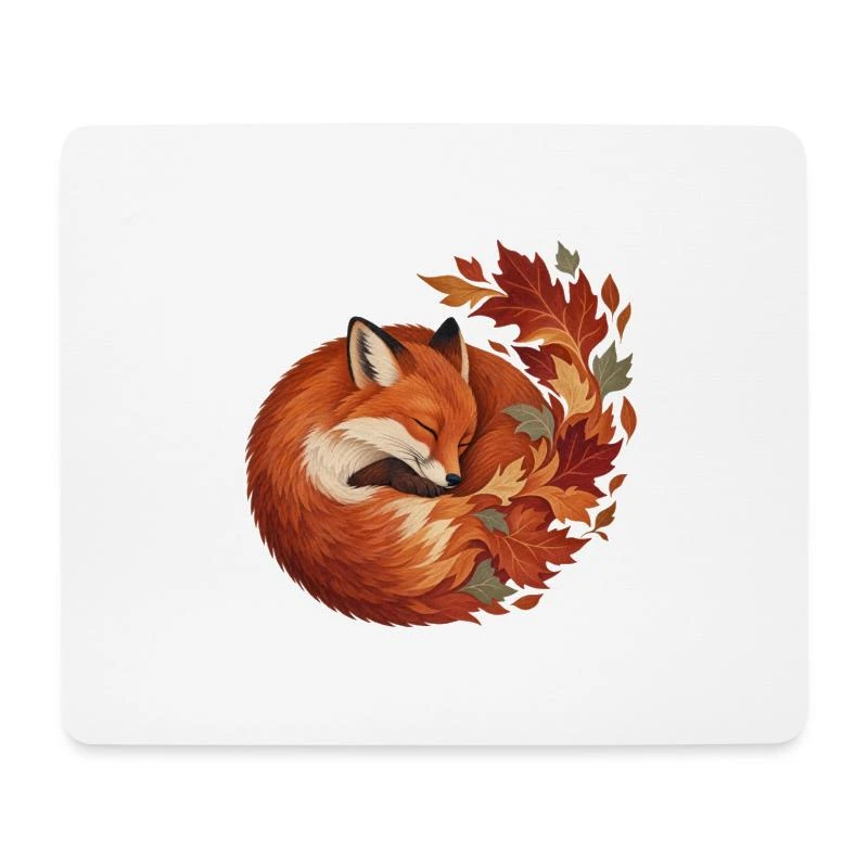 Renard endormi aux feuilles d’automne sur Tapis de souris (format paysage) · blanc
