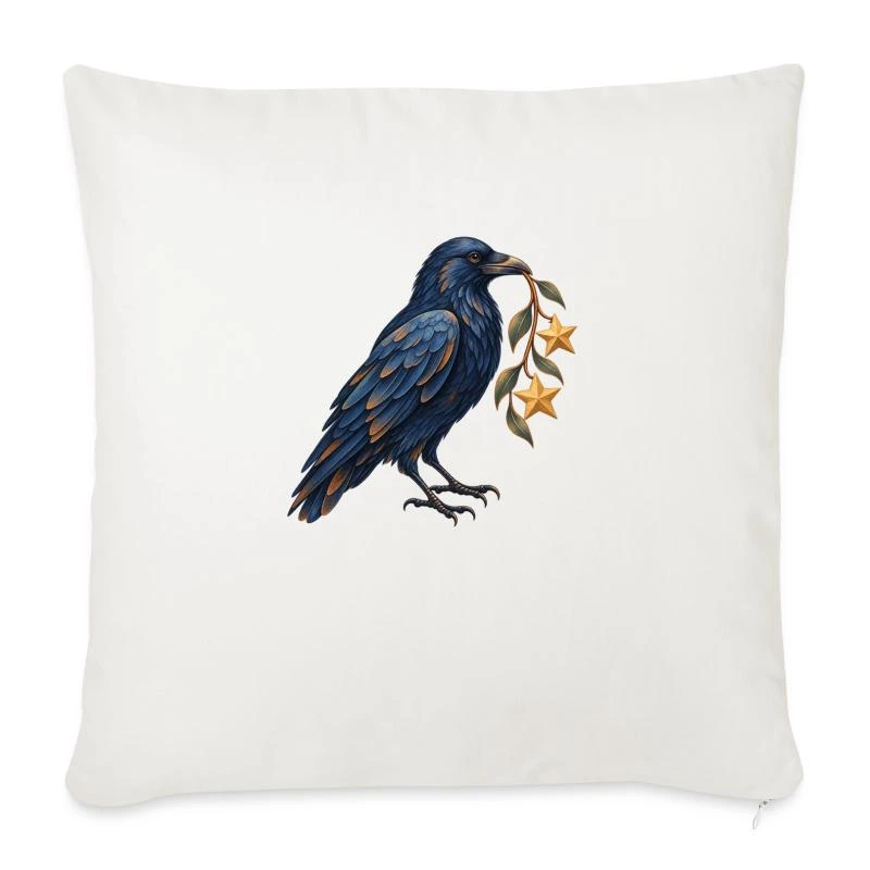 Corbeau collectionneur d’étoiles sur Housse de coussin décorative 45 x 45 cm · blanc nature