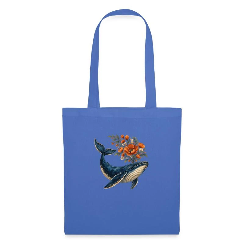 Baleine fleuriste au bouquet orangé sur Sac en tissu · bleu pâle