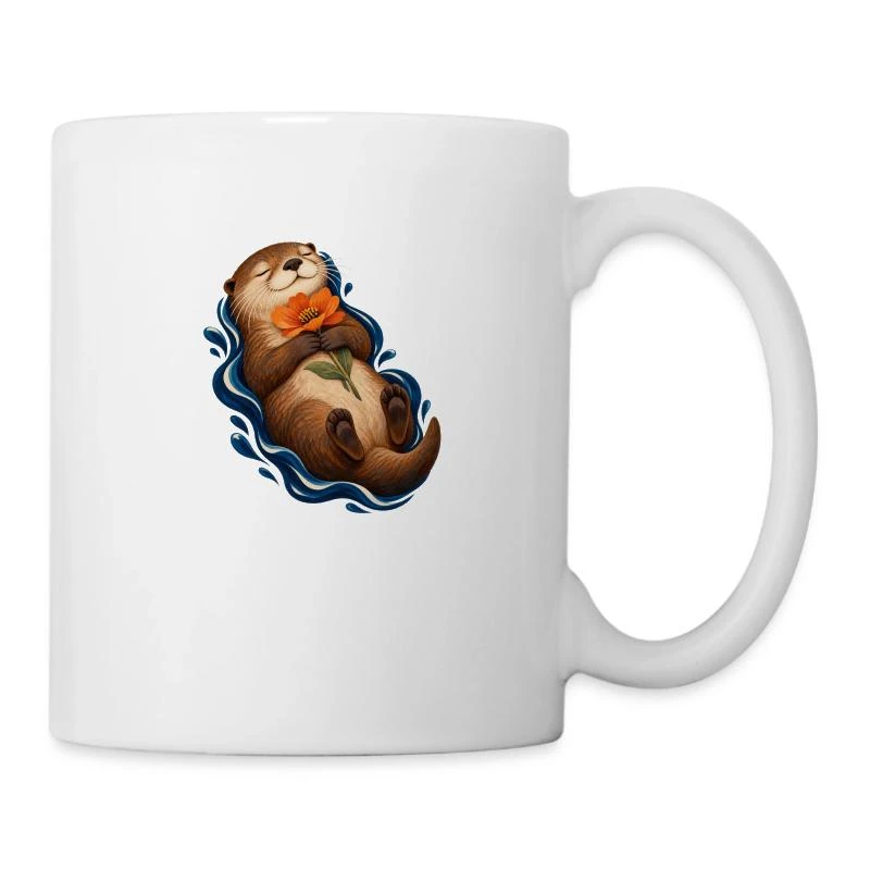 Loutre contemplative à la fleur orangée sur Mug en céramique · blanc