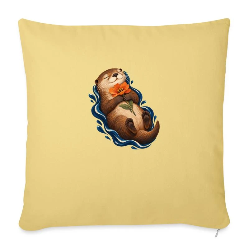 Loutre contemplative à la fleur orangée sur Housse de coussin décorative 45 x 45 cm · jaune délavé