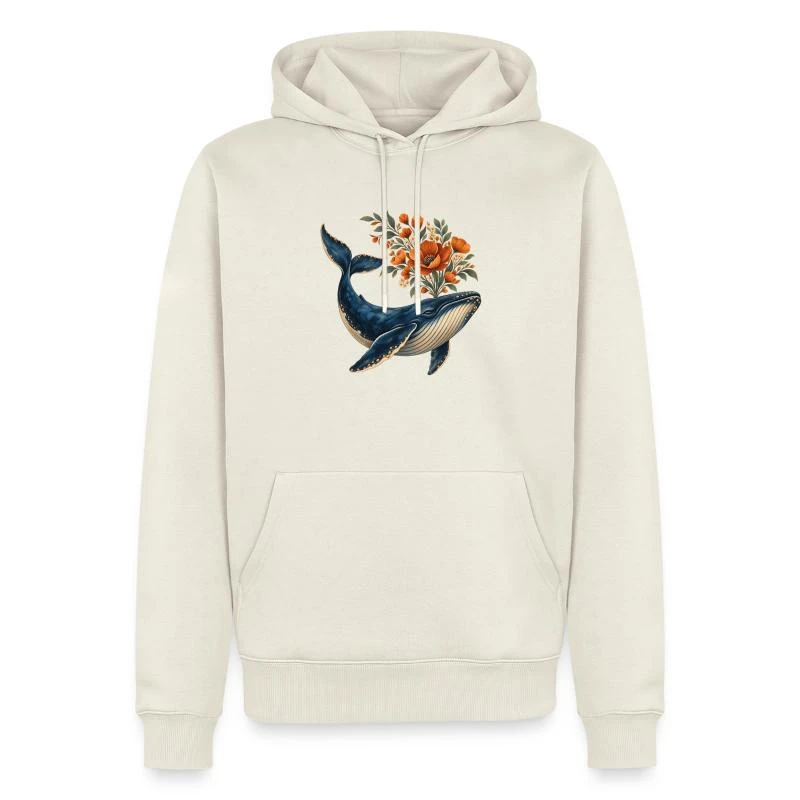 Baleine fleuriste au bouquet orangé sur Sweat à capuche Premium bio Homme · blanc cassé