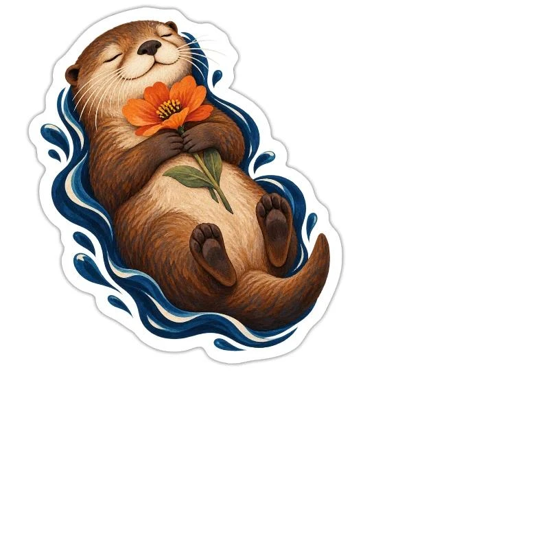Loutre contemplative à la fleur orangée sur Sticker — taille M · blanc mat