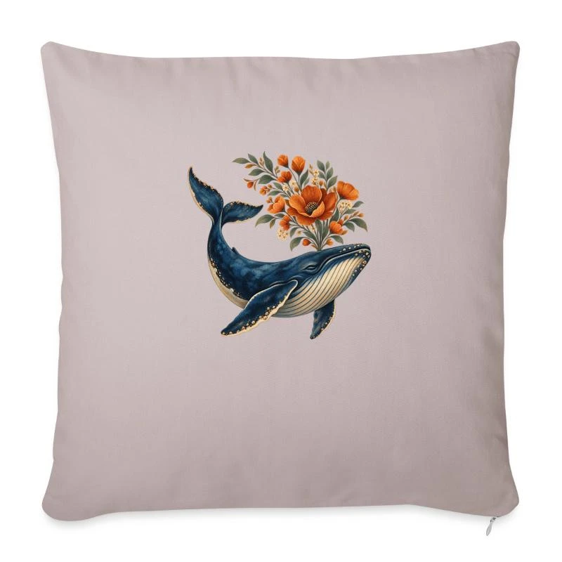 Baleine fleuriste au bouquet orangé sur Housse de coussin décorative 45 x 45 cm · taupe clair