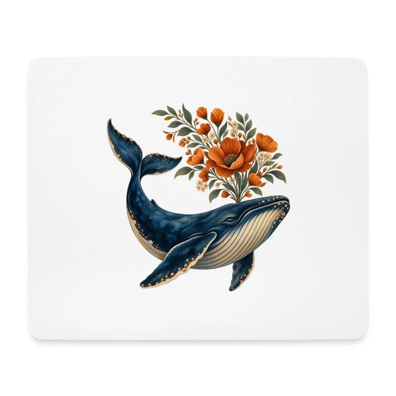 Baleine fleuriste au bouquet orangé sur Tapis de souris (format paysage) · blanc