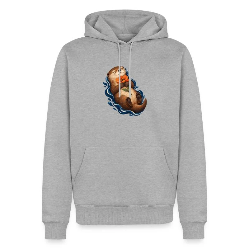 Loutre contemplative à la fleur orangée sur Sweat à capuche Premium bio Homme · gris chiné