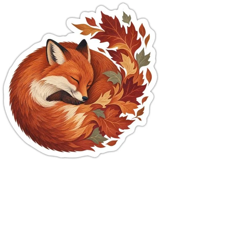 Renard endormi aux feuilles d’automne sur Sticker — taille M · blanc mat
