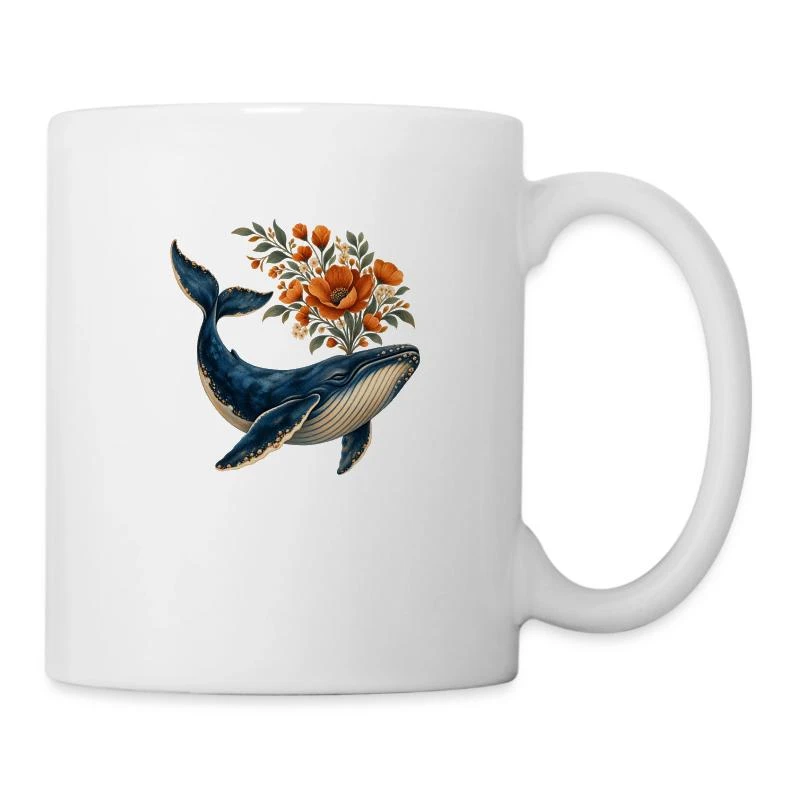 Baleine fleuriste au bouquet orangé sur Mug en céramique · blanc