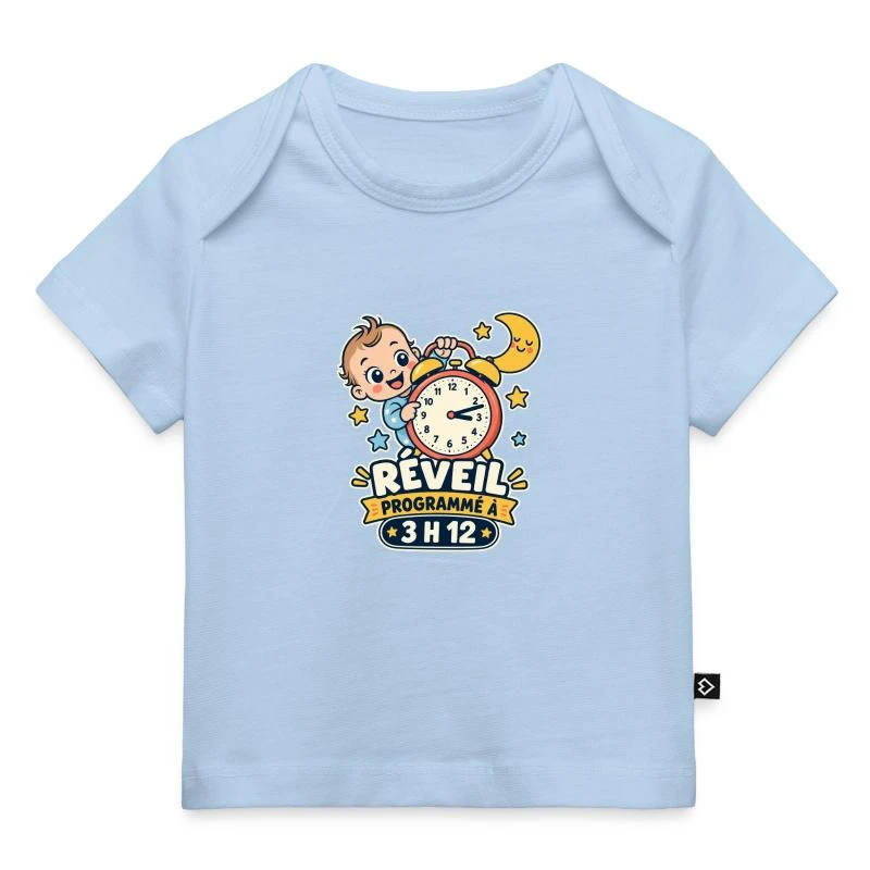 Réveil programmé à 3 h 12 sur T-shirt Premium bébé bio · bleu clair