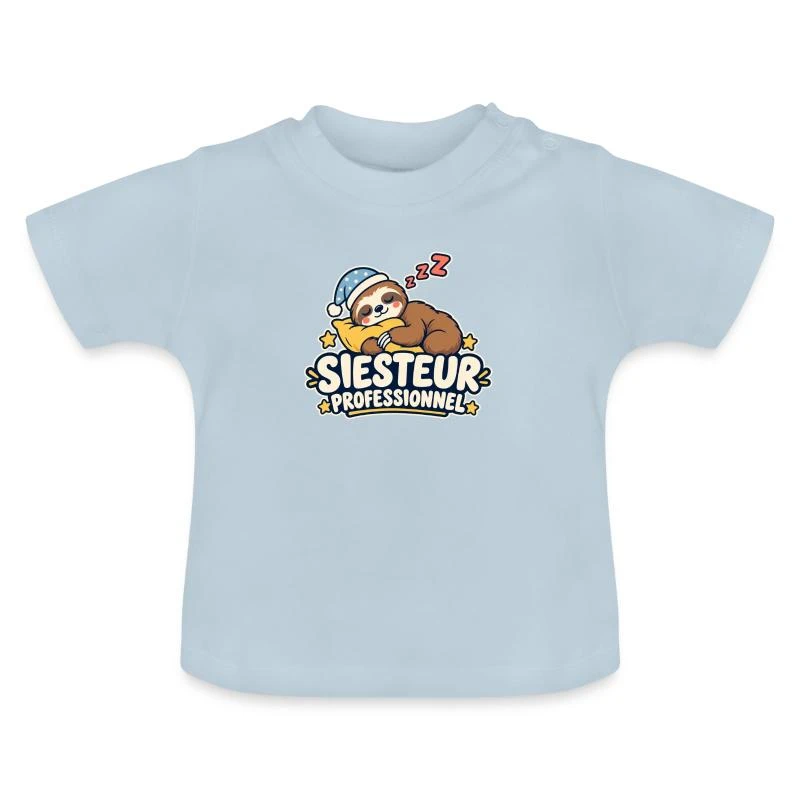 Siesteur professionnel sur T-shirt bio col rond Bébé · bleu clair