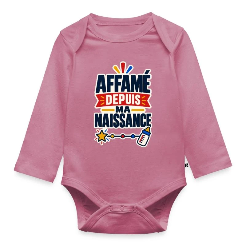 Affamé depuis ma naissance sur Body Bébé bio manches longues · mauve