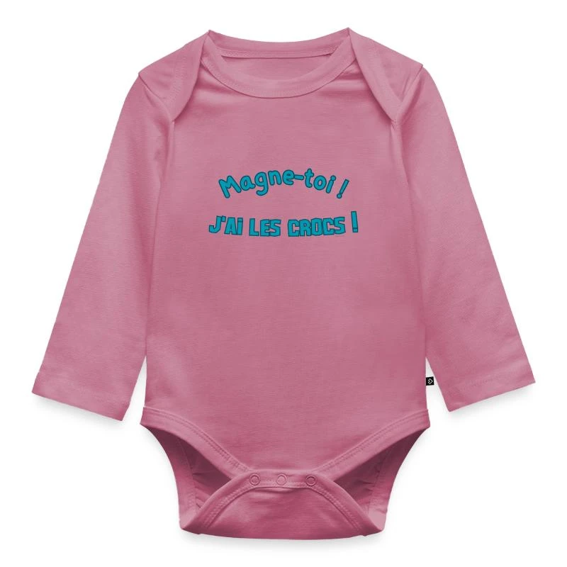 Magne-toi, j’ai les crocs sur Body Bébé bio manches longues · mauve
