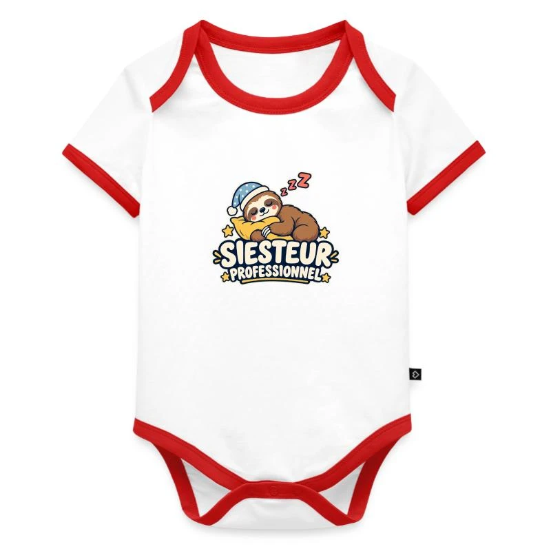 Siesteur professionnel sur Body Bébé bio contrasté manches courtes · blanc/rouge 