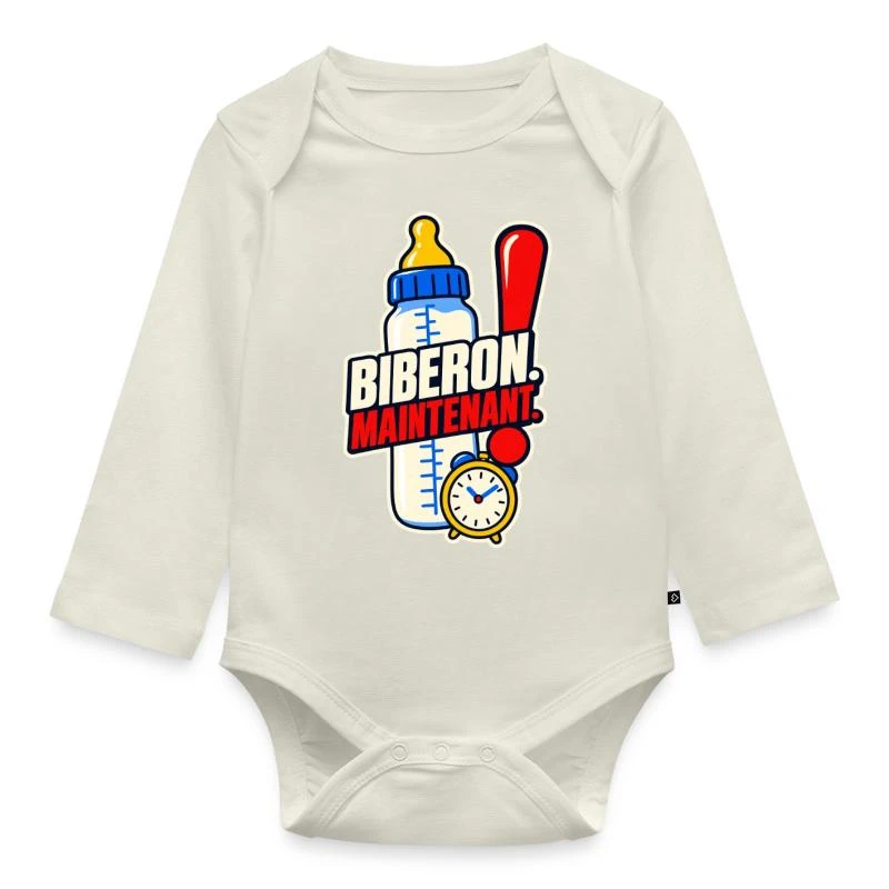 Biberon. Maintenant. sur Body Bébé bio manches longues · blanc cassé