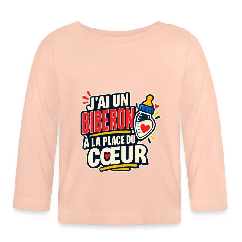 Un biberon à la place du cœur sur T-shirt manches longues bio Bébé · rose cristal