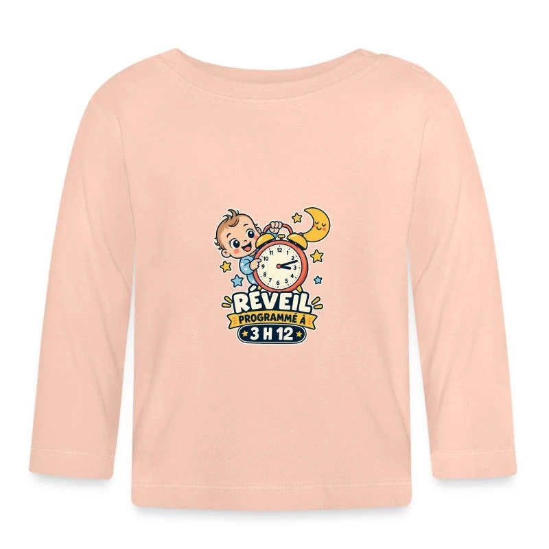 Réveil programmé à 3 h 12 sur T-shirt manches longues bio Bébé · rose cristal